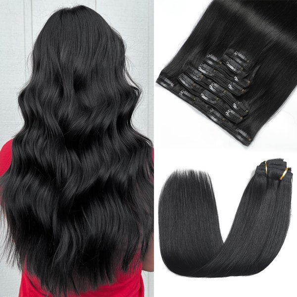 Clip in Hair Extensions Real Human Hair 140g Hair Extensions Real Human Hair Clip ins Natural Black 7pcs Straight, Rimoss Premium Soft Remy Human Hair Clip in Extensions for Women (#1B 16 Inch)