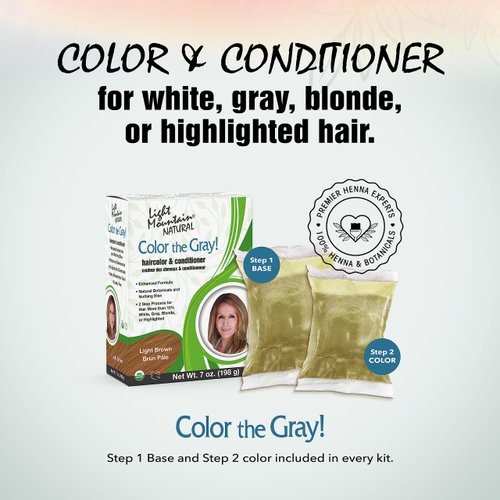 Light Mountain Henna Hair Color & Conditioner, Color the Gray - Light Brown Hair Dye for Men/Women, 2-Step Chemical-Free, Semi-Permanent Hair Color for White, Gray, and Blonde Hair, 7 Oz