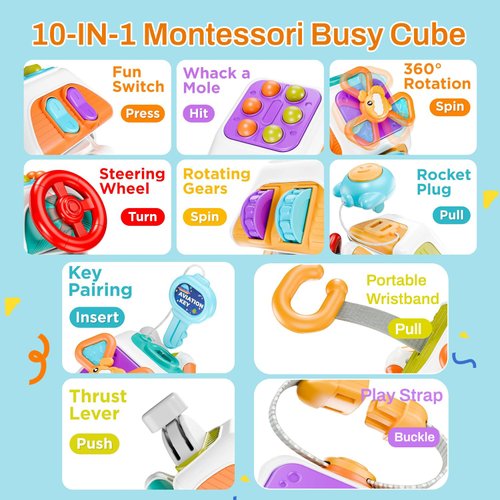 GZSDLL Montessori Busy Cube for Toddlers,Car Travel Toys Busy Board Activity Cube,Kids Educational Birthday Gifts Sensory Baby Toys 18+ Months (Decahedron)