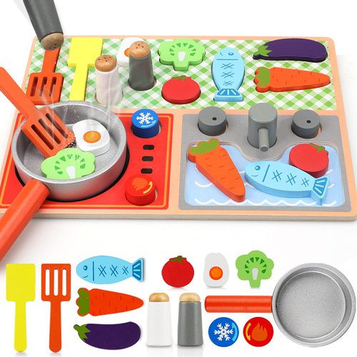 TOY Life Wooden Kitchen Sets for Kids, Wooden Play Food, Wooden Food Toys, Wooden Kitchen Toys, Wooden Play Set, Wooden Puzzles for Toddlers, Toy Cooking Set for Toddlers