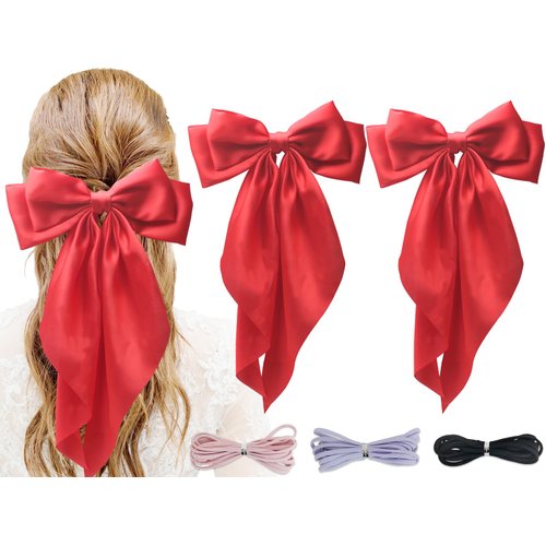 PQZKLDP 2PCS Silky Satin Hair Bows Big Versatile Hair Bows Cute Clips for Girls & Women Red Hair Bow Ribbons Oversized Long Tail Metal Clips Bowknot Aesthetic Hair Accessories (PD 212)