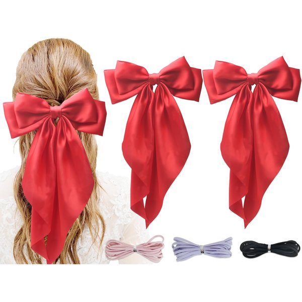 PQZKLDP 2PCS Silky Satin Hair Bows Big Versatile Hair Bows Cute Clips for Girls & Women Red Hair Bow Ribbons Oversized Long Tail Metal Clips Bowknot Aesthetic Hair Accessories (PD 212)