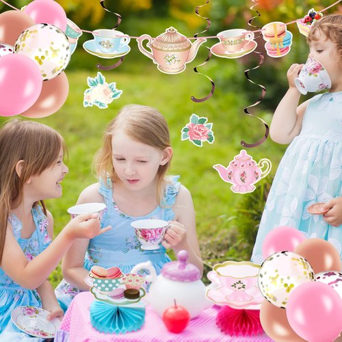 Panelee Tea Party Birthday Decorations for Women with Floral Tea Happy Birthday Banner and Floral Teapot Centerpieces Tea Hanging Swirl Tea Party Supplies for Birthday Baby Shower Wedding Decor