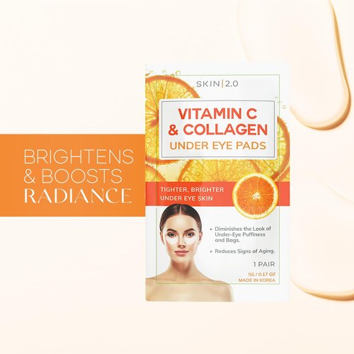 Skin 2.0 Vitamin C and Collagen Under Eye Patches - Brightens Dark Circles, Tightens Under Eye Skin, Anti-aging & Firming Under Eye Pads - Cruelty Free Korean Skin Care For All Skin Types - 5 Pairs