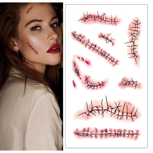 YUERWOVER 9 Sheet Body Face Temporary Tattoos Realistic Fake Wound Stitch Scar Scab Waterproof Horror Sticker Halloween Fool's Day Zombie Masquerade Prank Makeup Props for Kids Adult