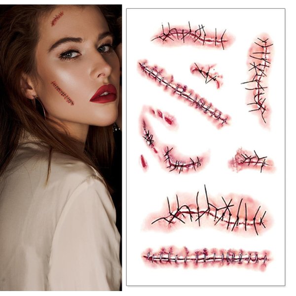 YUERWOVER 9 Sheet Body Face Temporary Tattoos Realistic Fake Wound Stitch Scar Scab Waterproof Horror Sticker Halloween Fool's Day Zombie Masquerade Prank Makeup Props for Kids Adult