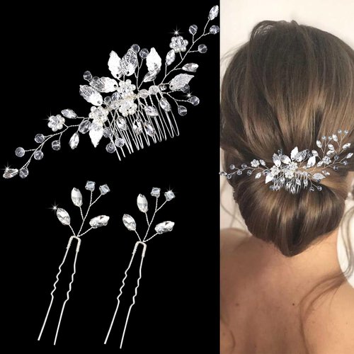 1 Pcs Crystal Wedding Hair Comb with 2 Pcs Rhinestone Bridal Hair Pins Pearl Crystal Hair Accessories for Bride Bridesmaids Flower Girls(Silver)