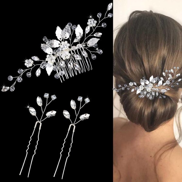 1 Pcs Crystal Wedding Hair Comb with 2 Pcs Rhinestone Bridal Hair Pins Pearl Crystal Hair Accessories for Bride Bridesmaids Flower Girls(Silver)