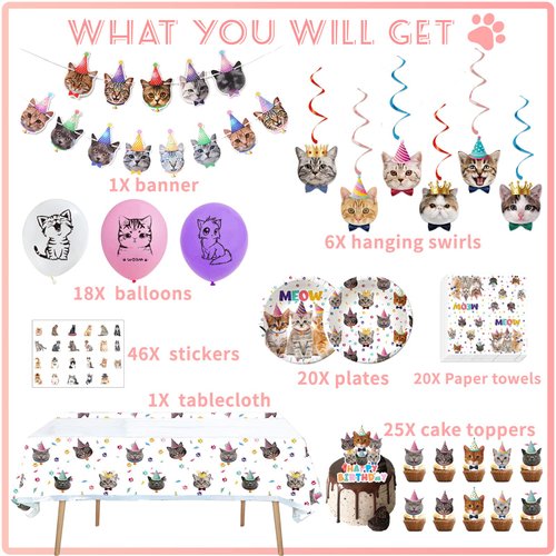 137PCS Cat Birthday Party Supplies Serves 20 Guests Kitten Birthday Party Decorations Cat Party Plates Banner Napkins Balloons Tablecloth Cake Toppers for Cat Themed Birthday Party Supplies