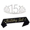 15th Birthday Princess Crystal Tiara, Silver Glitter Satin Sash, Party Supplies and Decorations for Girls