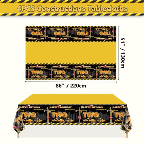 4 Pcs Construction Table Cloths - 2nd Construction Birthday Party Decorations Rectangular Dump Truck Tractor Table Covers for Kids Boys Two Birthday Construction Themed Party Supplies, 51 x 86 Inch