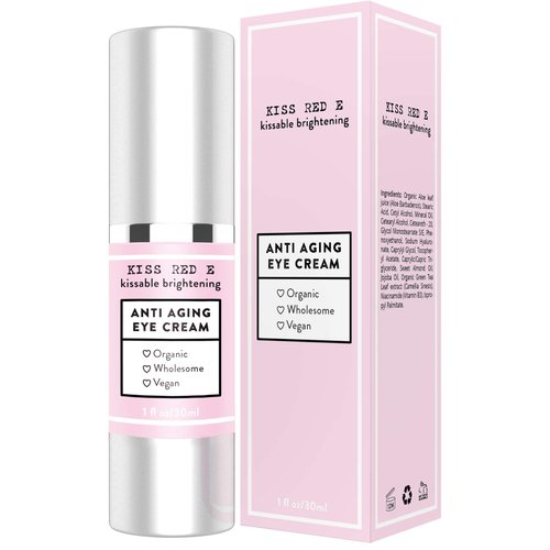 Kiss Red E Anti Aging Eye Cream for Women Men. Vegan Eye Cream for Dark Circles Puffiness Wrinkles 1 OZ 50 Days Supply