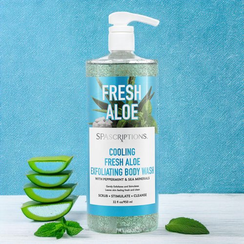 SpaScriptions Cooling Fresh Aloe Exfoliating Body Wash with Peppermint & Sea Minerals Which Gently Exfoliates and Stimulates the Skin, 32 oz.