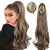 YIBANG Ponytail Extensions 20 Inch Long Curly Wavy Ponytail Extension Claw Jaw Clip Ash Blonde Mix Light Brown Wave Ponytail Drawstring Hairpiece Synthetic Body Curled Pony Tail for Black Women Girls