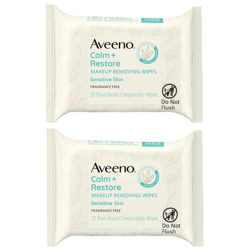 Aveeno Calm + Restore Nourishing Makeup Remover Face Wipes, Fragrance Free Facial Cleansing Towelettes with Oat Extract & Calming Feverfew, Alcohol Free, 100% Plant-Based Cloth, 25 ct - Pack of 2