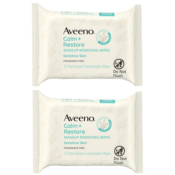 Aveeno Calm + Restore Nourishing Makeup Remover Face Wipes, Fragrance Free Facial Cleansing Towelettes with Oat Extract & Calming Feverfew, Alcohol Free, 100% Plant-Based Cloth, 25 ct - Pack of 2