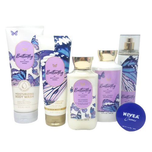 Bath and Body Butterfly 6pc Deluxe Gift Set Includes Moisturizing Body Wash, Cream, Lotion, Fine Fragrance Mist, Shower Gel, and 1oz Cream