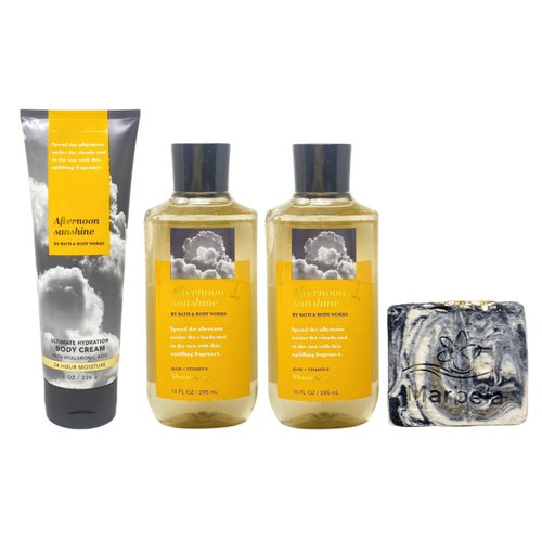 Bath & Body Works Afternoon Sunshine 3 Piece Bundle - Body Cream and 2 Shower Gels - with a Charcoal Scrub Bar Soap - Full Size