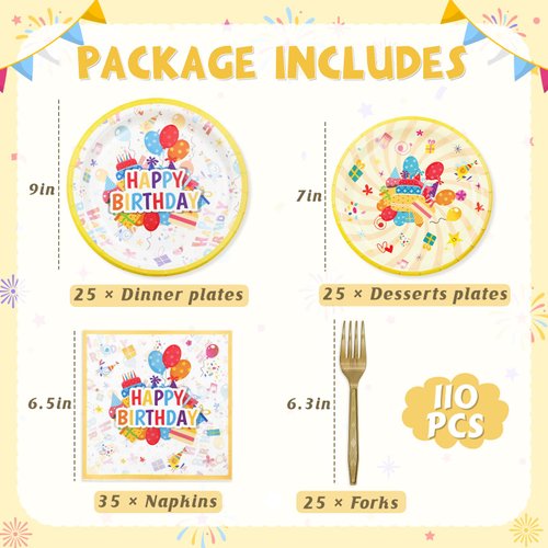110 PCS Birthday Party Supplies - Disposable Paper Plates Happy Birthday Plates and Napkins for Birthday Party Decorations,Tableware Set for Party Favors - Serves 25 Guests