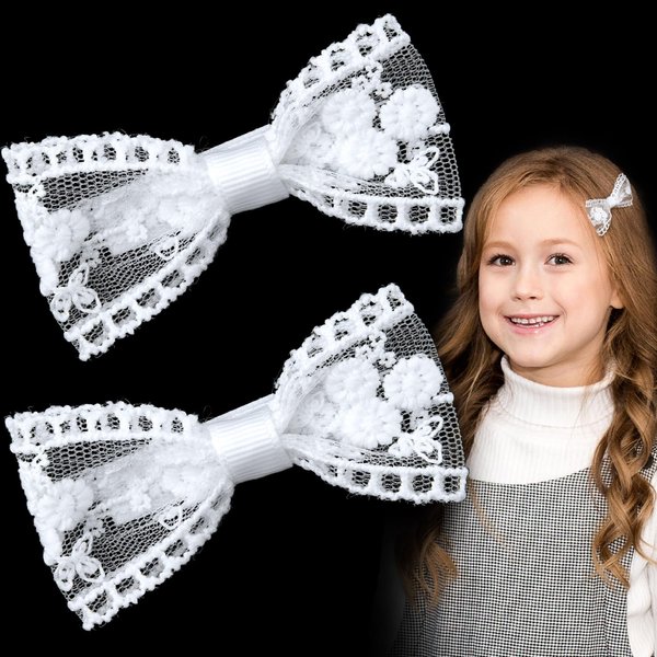 CustomyLife 2pcs 3" White Lace Hair Bow Clips Small Cute Candy Barrettes Flower Halloween Christmas Wedding Prom Bows Birthday Communion Party Decor Accessory for Women Teen Thin Hair