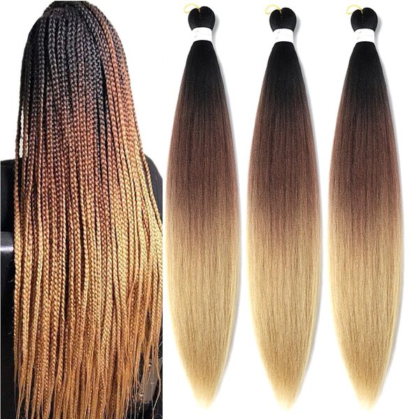 Pre Stretched Braiding Hair 26 Inch Ombre Brown Braiding Hair Extensions Hot Water Setting Crochet Box Braids Hair (26 Inch (Pack of 3), Black-Dark Brown-Brown)
