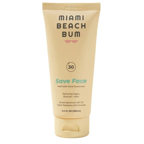 Miami Beach Bum SPF 30 Save Face Mineral Sunscreen, Facial Moisturizer, Skincare Cream, Reef Safe, Promotes Healthy Skin with Zinc, Algae, Aloe & Antioxidants, Paraben, Sulfate & Fragrance Free