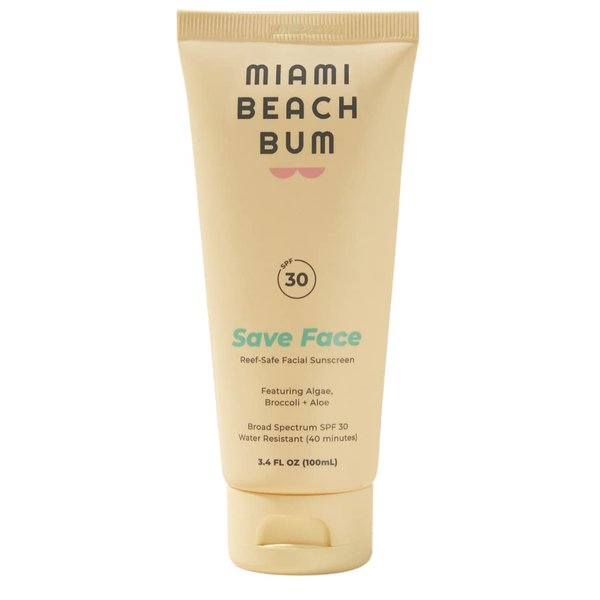 Miami Beach Bum SPF 30 Save Face Mineral Sunscreen, Facial Moisturizer, Skincare Cream, Reef Safe, Promotes Healthy Skin with Zinc, Algae, Aloe & Antioxidants, Paraben, Sulfate & Fragrance Free