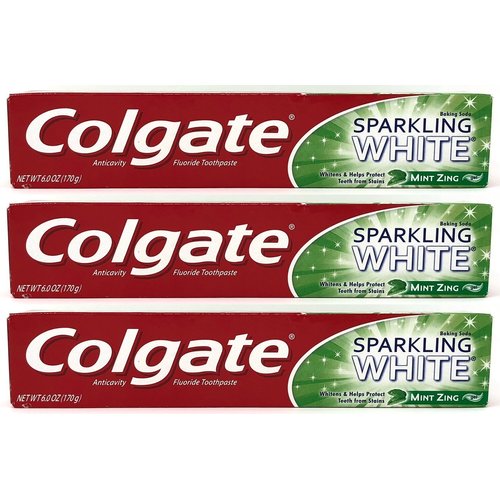 Colgate Sparkling White Baking Soda Anticavity Fluoride Gel Toothpaste, Mint Zing, 6 oz (Pack of 3)