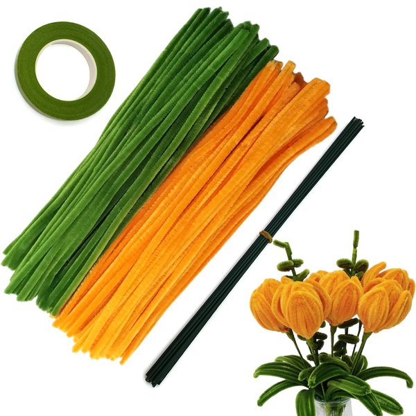 Cldamecy 200 pcs Orange OliveGreen Pipe Cleaners Set with Floral Wires & Gardening Tape,Chenille Stems Pipecleaners for Tulip Bouquet Making,Craft Persimmon,DIY Art and Decorations