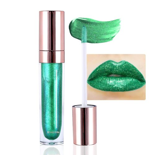 evpct 1Pcs Green Pearlescent Chameleon Shimmer Glitter Lipstick Lip Gloss, Long Lasting Waterproof Glitter Metallic Sparkly Glossy Lip Gloss Tint Liquid Lipsticks Set Lip Stain Makeup for Women