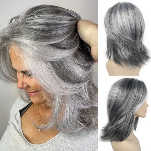 SEVENCOLORS Layered Grey Silver Wigs for White Women Short Mixed Gray Wigs with Curtain Bangs Synthetic Hair Medium Length Bob Wigs