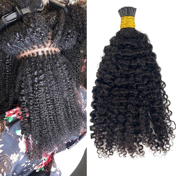 HAPPY&CC 4B 4C Afro Kinky Curly I Tip Hair Extensions Brazilian Virgin Human Hair 1g strand 100g Easy Stick I Tip Hair (20inch)