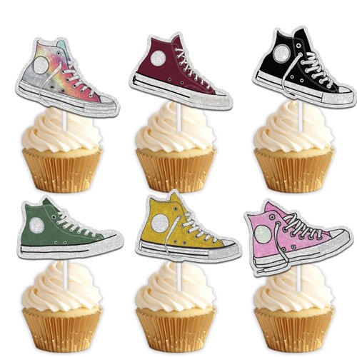 18pcs Colorful Glitter Dessert Cupcake Topper Pick for 80s 90s Sports Shoes Plimsolls Theme Decor...