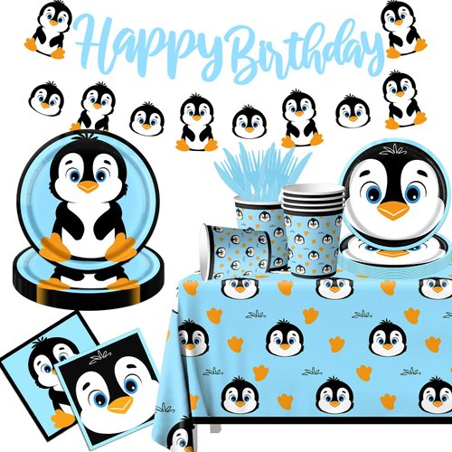 Penguin Birthday Decorations Tableware,142pcs Penguin Party Supplies Include Penguin Party Plates and Napkins Cups Tablecloth for Winter Penguin Party Decorations
