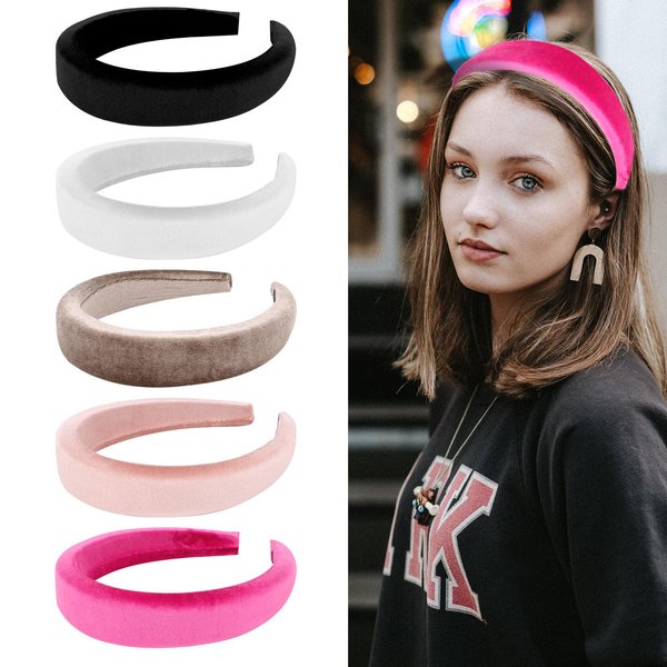 Ondder 5 Pack Padded Headband Velvet Headbands for Women Non Slip Thick Headband for Women's Hair Puffy Headband Wide Head Band for Women Girls