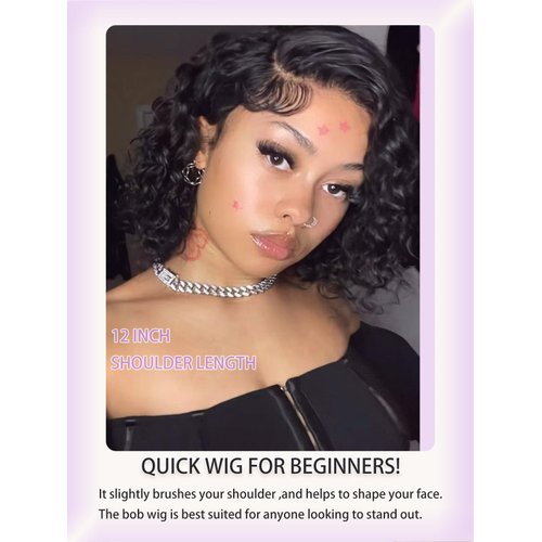 Apeasex Glueless Wigs Human Hair Pre Plucked Pre Cut Wear and Go Curly Human Hair Wig Short Curly Bob Wig Human Hair Side Part Deep Wave Lace Front Wigs for Black Women 180 Density 12 Inch Closure Wig