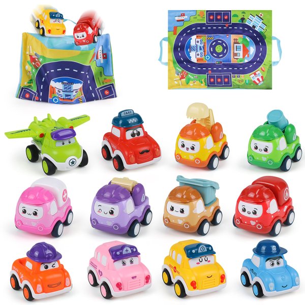 ZMZS Kids Toys for 1 Year Old Boy Birthday Gift, Baby Mini Pull Back Truck Set 12-18 Months, 12 Pieces Toddlers Toy Cars with Play Mat & Storage Bag, Infant Toy Birthday Present for Boy Girl Age 2 3 4