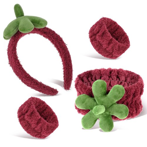 LLOUSSAK 4Pcs Skincare Headband and Wristband Set, Cute Strawberry Skincare Hair Bands Spa Headband Makeup Skincare Headbands Wrist Towels For Women Spa Face Wash Headband