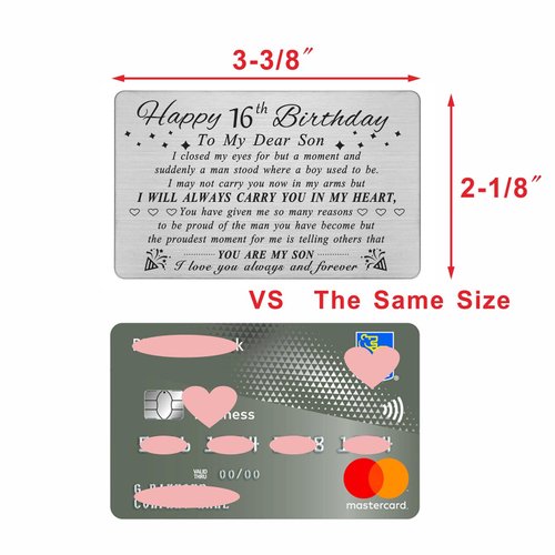 DEGASKEN 16th Birthday Card for Son - Happy Birthday Gifts for 16 Year Old Son - 16th Birthday Decorations for Boys, Personalized Steel Engraved Wallet card