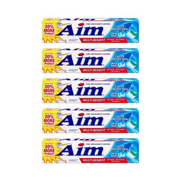 Aim Multi-Benefit Cavity Protection Gel Toothpaste, Ultra Mint 5.50 oz (Pack of 5)