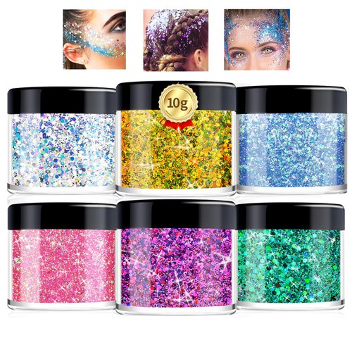 Morovan Holographic Body Glitter 10g*6 Face Glitter Hair Glitter Cosmetic Grade Chunky Glitter Makeup Festival Body Glitter Rave Glitter Eyeshadow& Lip Gloss& Resin& Nails Glitter (Glitter Set 10g*6)