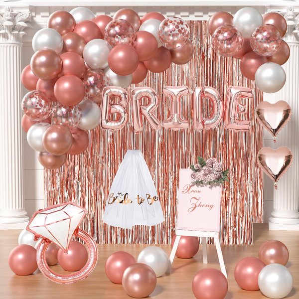 Bachelorette Party Decorations Bridal Shower Decorations - Rose Gold White Balloons, BRIDE Balloons, Curtains, Bachelorette Veil,Love Diamond Ring Champagne Balloons For Wedding Party Decorations
