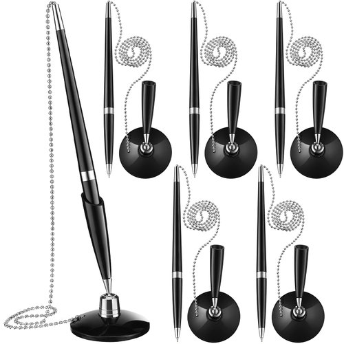 Zonon Secure Pen with Adhesive Pen Chain and Security Pen Holder Black Desk Pen with Chain Ink Reception Counter Pen for Home Office Supplies(6 Pieces)