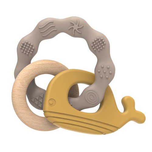 Yobkira Natural Wood & Silicone Teether Ring with Gift Package，Baby Teething Toys Best for Babies 3 Months UP，Cute Whale，100% Food-Grade Silicone (Yellow)