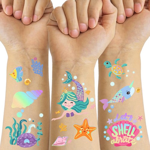 Temporary Tattoos Mermaid for Kids, 80+ Metallic Foil Style Bronzing Fake Tattoos, 4 Sheets Glitter Tattoos, Birthday Party Supplies, Easter Present, Ocean Animal Tattoos Stickers for Boy and Girls