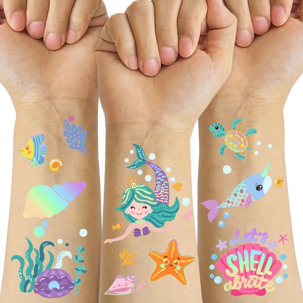 Temporary Tattoos Mermaid for Kids, 80+ Metallic Foil Style Bronzing Fake Tattoos, 4 Sheets Glitter Tattoos, Birthday Party Supplies, Easter Present, Ocean Animal Tattoos Stickers for Boy and Girls