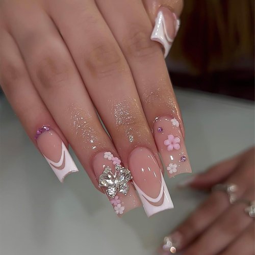 Square Press on Nails Medium French White Tip Fake Nails Acrylic False Nails with 3D Butterfly 3D Flowers Designs Rhinestones Artificial Nails Full Cover Nails Press ons Stick on Nails for Women 24Pcs