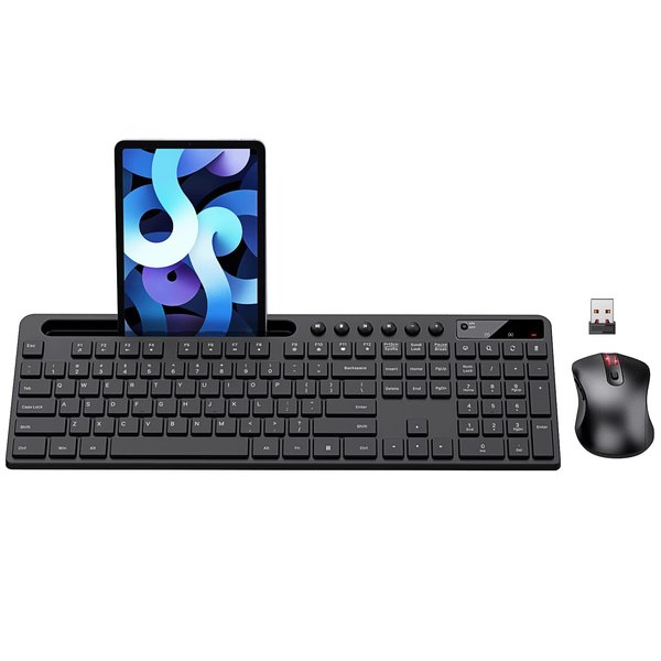 Wireless Keyboard and Mouse Combo, MARVO 2.4G Ergonomic Wireless Computer Keyboard with Phone Tablet Holder, Silent Mouse with 6 Button, Compatible with MacBook, Windows (Black)