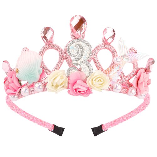 SuPoo 3rd Birthday Girl Headband Mermaid Birthday Crown for Girls 3rd Birthday Decorations for Girl Small Hair Band Cute 3 Year Old Princess Tiara Birthday Party Decorations Accessory Gift