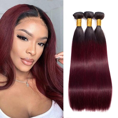 Burgundy Straight Bundles 1b99J Burgundy Human Hair 3 Bundles 24 24 24 Inch Unprocessed Brazilian Virgin Black to Red Hair Extensions Tow Tone Ombre Burgundy Bundles For Women